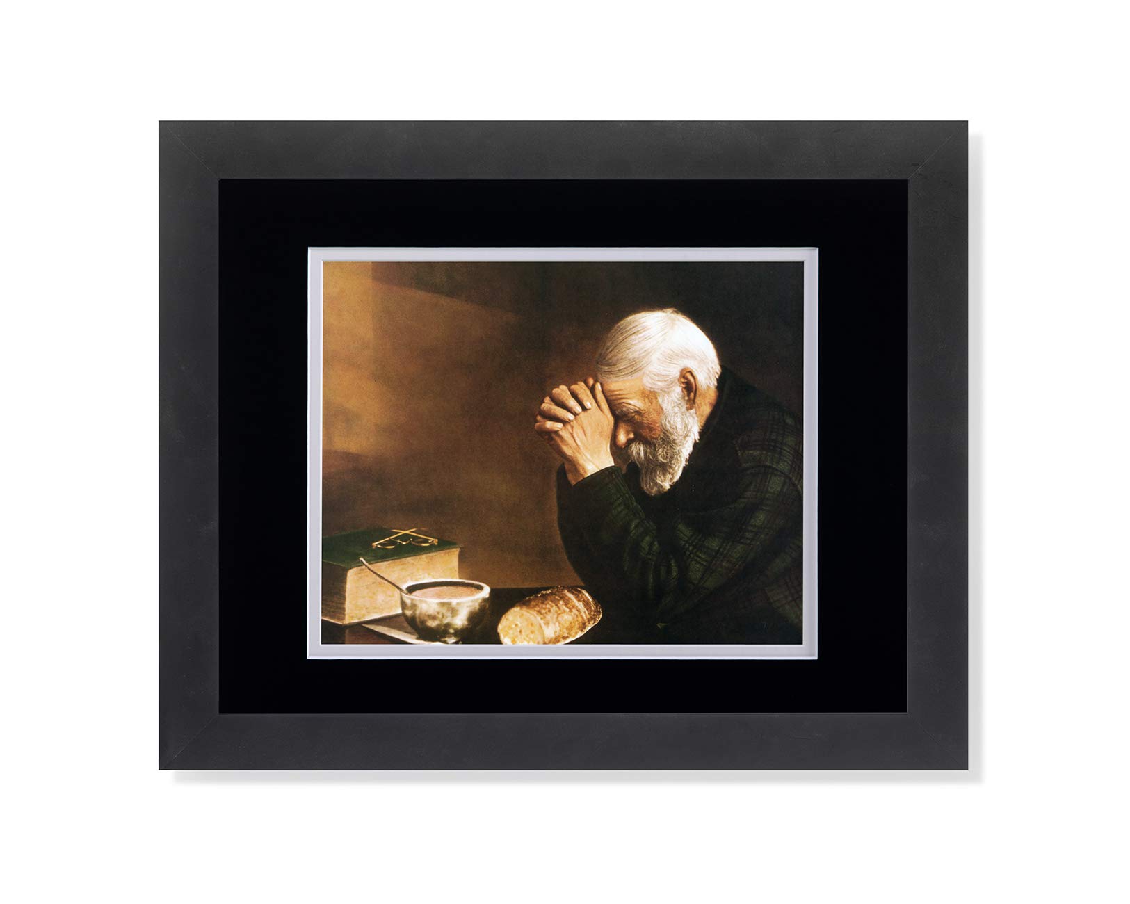 Religious Wall Art Print - Daily Bread Man Praying at Table Grace Black & White Framed Picture for Home Decor, Church & Office Inspiration