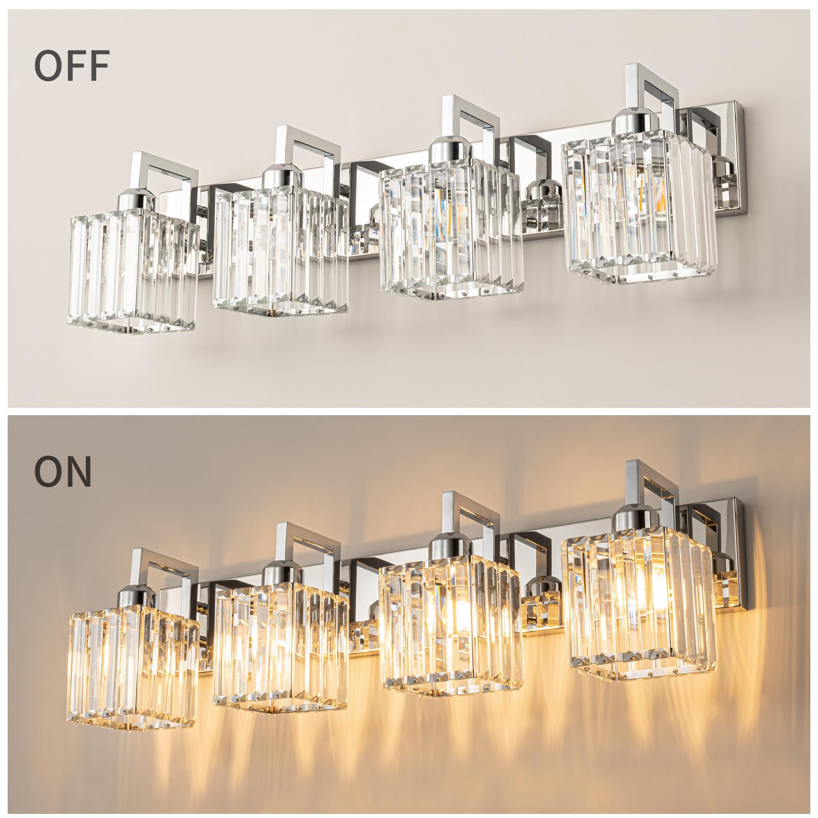 Modern Chrome Crystal Bathroom Vanity Light - 4-Light Wall Lamp for Contemporary Bathrooms | Perfect for Makeup, Shaving & Grooming Areas