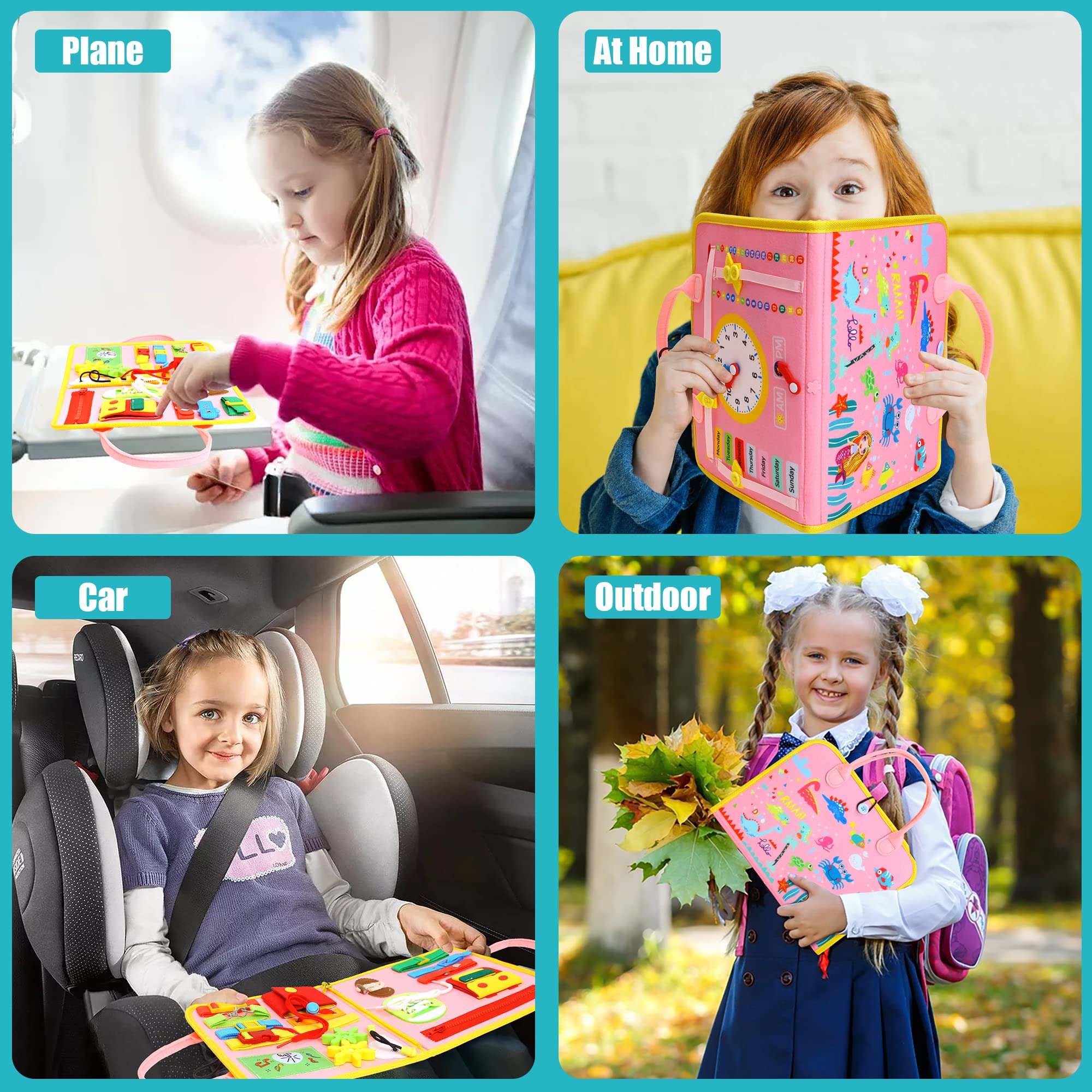 Montessori Busy Board for Toddlers 1-4 Years - Sensory Travel Toy for Preschool & Autistic Kids to Learn Basic Dress Skills - Educational Gift for Boys & Girls Birthday (Pink) - Perfect for Airplane, Car Rides & Home Learning Activities