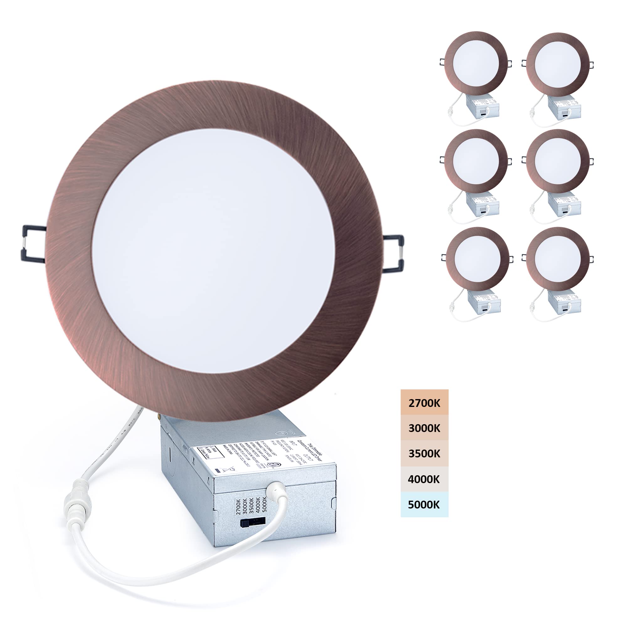 Ultra-Thin LED Canless Recessed Downlight 6 Pack - 12W 5 CCT Adjustable Ceiling Light with Junction Box, Dimmable Oil Rubbed Bronze Fixture for Bedroom, Kitchen & Living Room Lighting