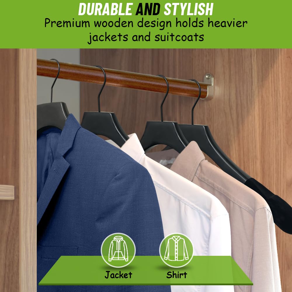 Premium Wooden Clothes Hangers - Heavy Duty Non-Slip Coat Hangers for Suits, Pants & Jackets - Wide Shoulder Design with Black Velvet Finish (12-Pack) - Perfect for Closet Organization & Luxury Wardrobe Storage