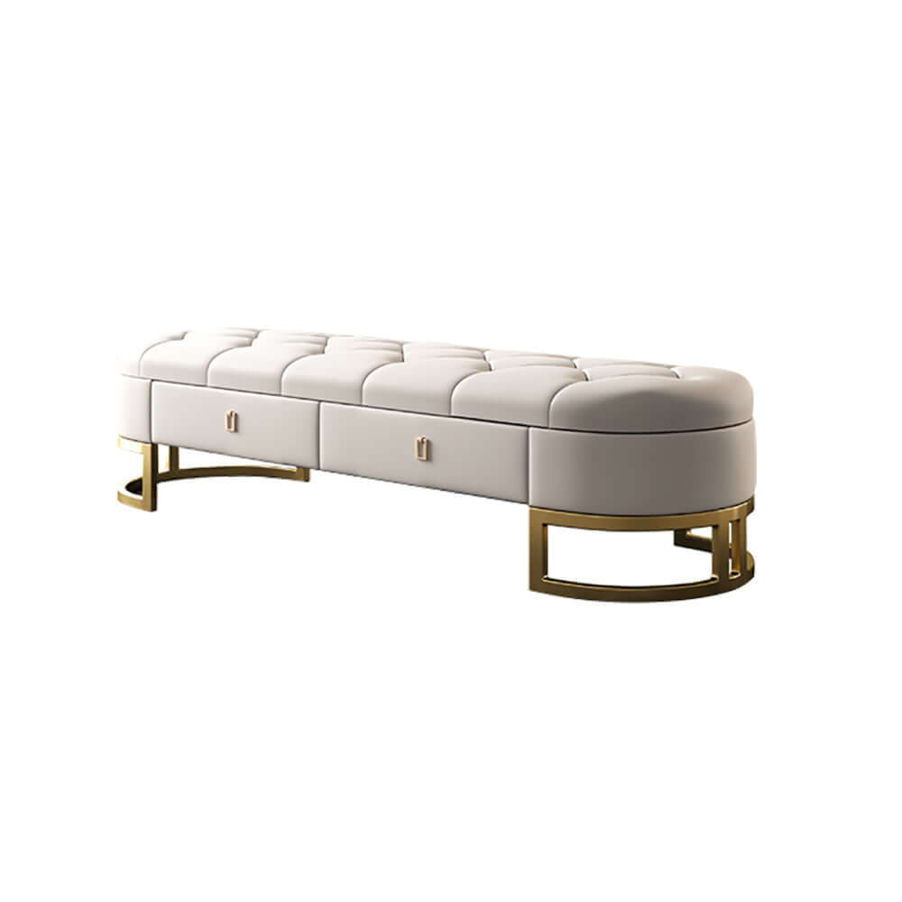 Modern Beige Tufted Leather Storage Bench with 2 Drawers - Bedroom Seating & Organization Solution for Small Spaces, Entryway or Foot of Bed