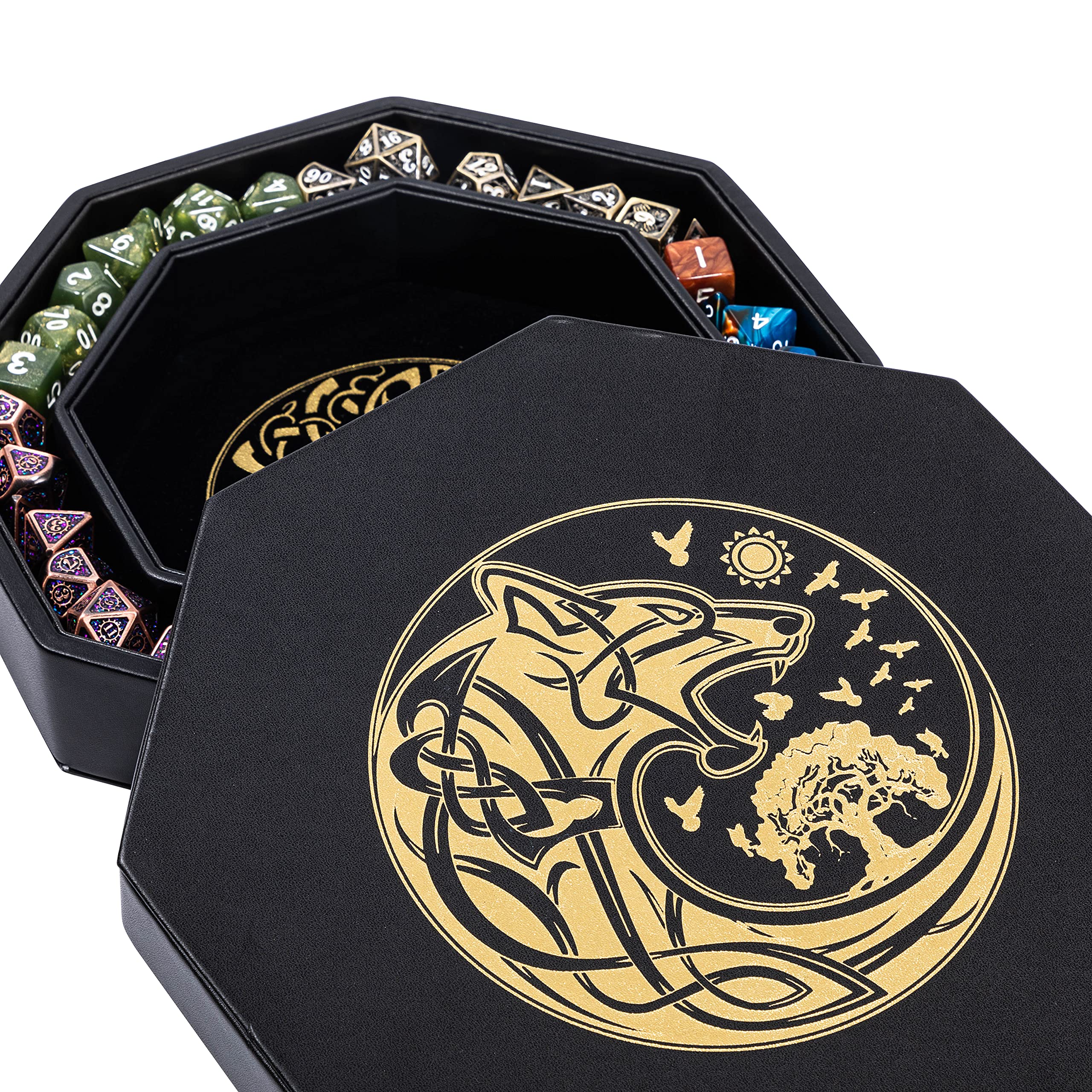 Premium 8 Inch DND Dice Tray for Dungeons & Dragons - Exquisite Gold World Tree & Wolf Raven Design - Perfect for Dice Rolling & Storage - Ideal for D&D, RPG Games & Tabletop Adventures