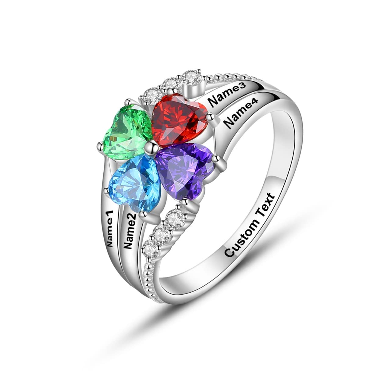 Personalized Mothers Rings with 4 Birthstones - Sterling Silver Custom Name Engraved Mother's Day Jewelry Gift for Women, Mom, Grandma, Daughter & Best Friend - Perfect for Family Keepsakes, Birthday Gifts & Special Occasions