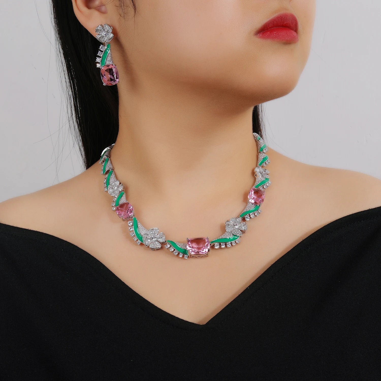 Elegant Cubic Zirconia Flower Necklace & Earrings Set - Shiny Enamel Wedding Jewelry for Women - Perfect for Bridal Party, Anniversary & Special Occasions