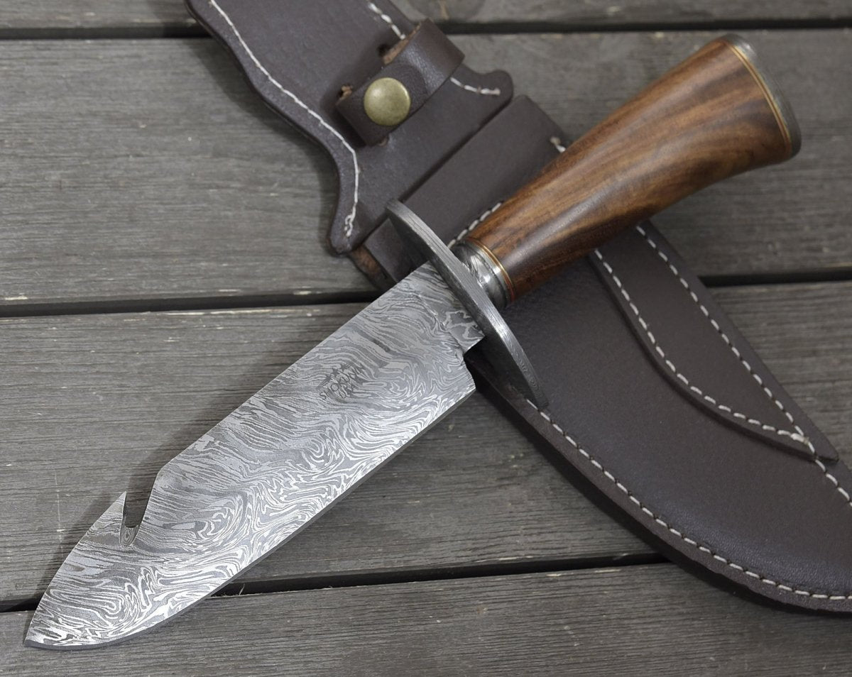 Premium Damascus Steel Bowie Knife with Exotic Rosewood Handle - Hunting, Camping & Outdoor Survival Tool - Perfect for Bushcraft, Tactical Use & Collectors