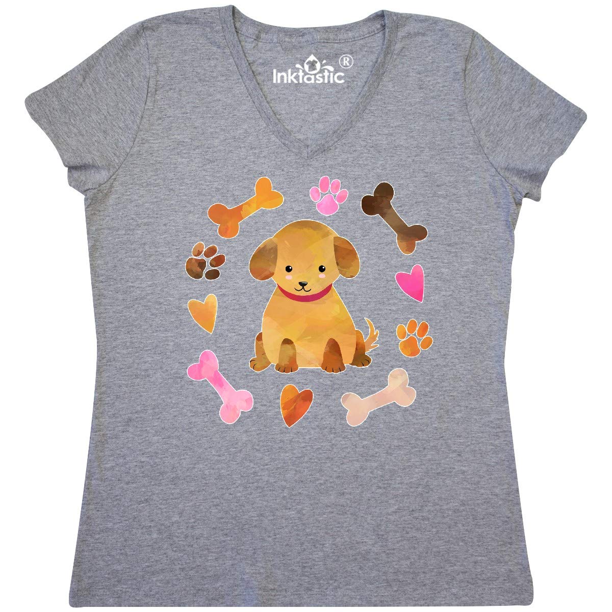 Inktastic Cute Puppy Valentine with Hearts and Bones Women's V-Neck T-Shirt - Perfect for Valentine's Day Gifts, Casual Wear & Dog Lover Apparel