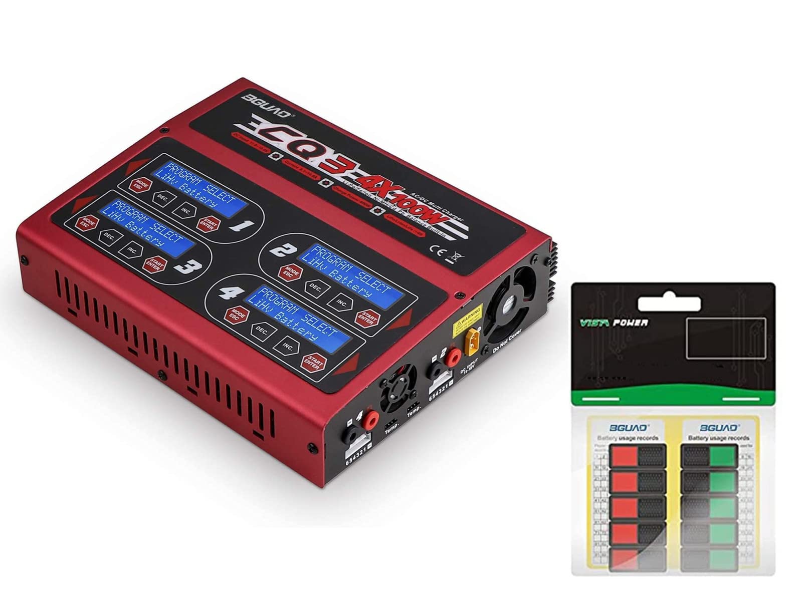 4-Port 100Wx4/10Ax4 AC/DC RC LiPo Battery Charger Discharger with Intelligent Balance Charging - Includes 10pcs Battery Power Display Indicator Slider Markers - Perfect for LiPo/LiHV/Li-ion Rechargeable Batteries - Ideal for RC Cars, Drones, and DIY Electronics Projects