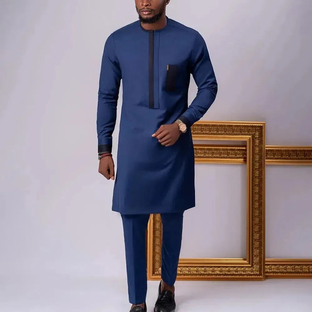 Stylish Men's Collarless Long Sleeve Outfit Set - Comfortable Casual Wear for Work, Travel & Everyday Fashion