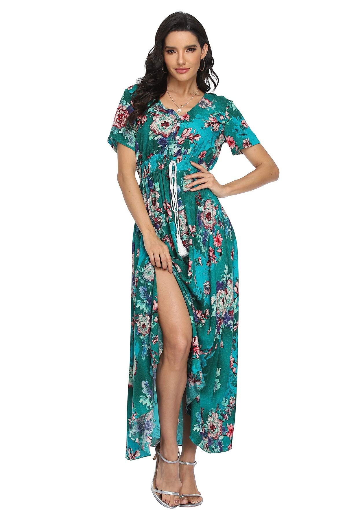 Vintage Floral Print Maxi Dress for Women - Boho Button Up Split Beach Party Dress - Perfect for Summer Vacations, Music Festivals & Boho Chic Outfits