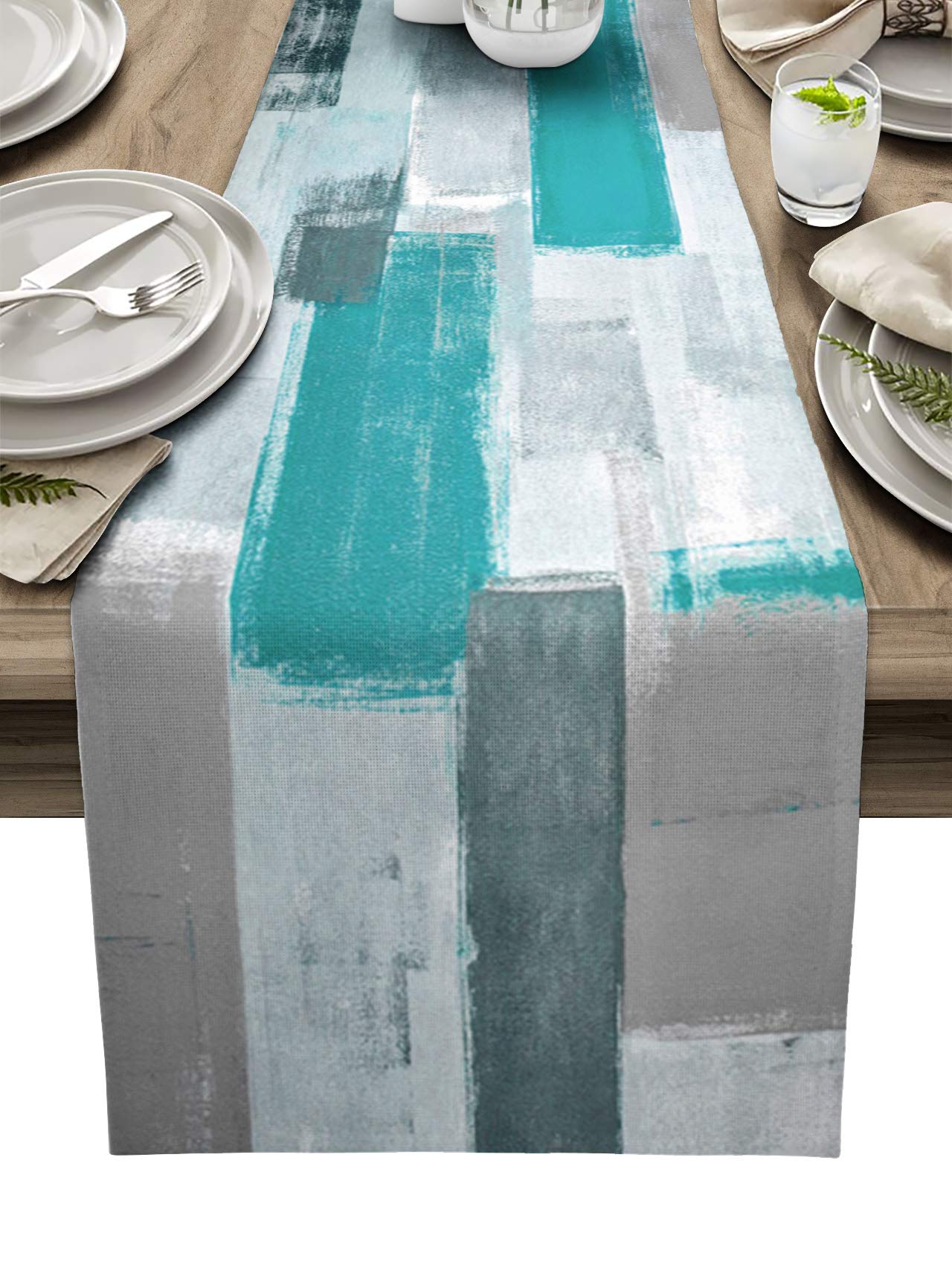 HELLOWINK 13x70 Inch Abstract Teal Cotton Table Runner - Elegant Texture for Wedding, Party, Coffee & Dining Table Decor - Oil Painting Art Home Decoration - Perfect for Holiday Gatherings & Formal Events