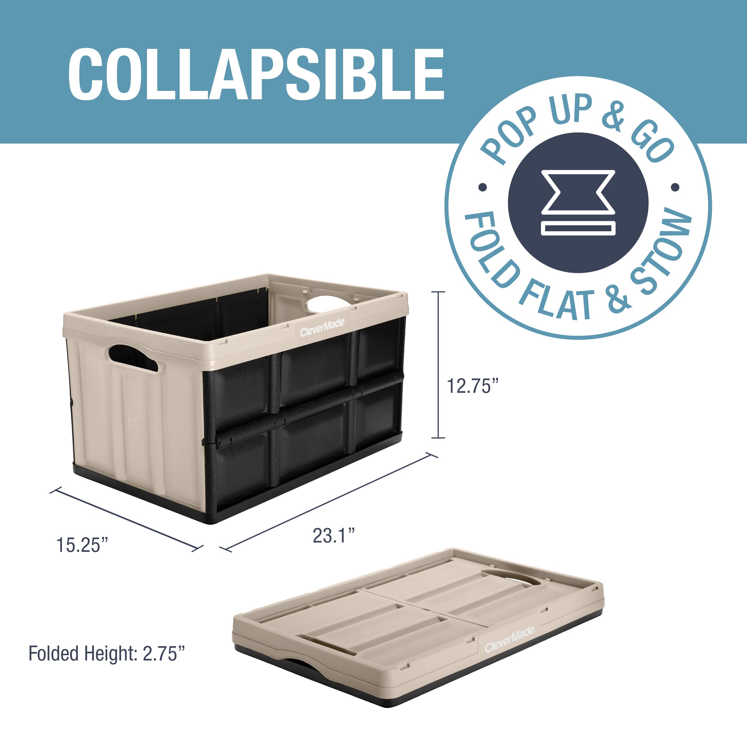 CleverMade 62L Collapsible Storage Bins 3-Pack - Heavy Duty Stackable Folding Crates for Home Organization | Space-Saving Tan Containers for Closet, Garage & Office Use
