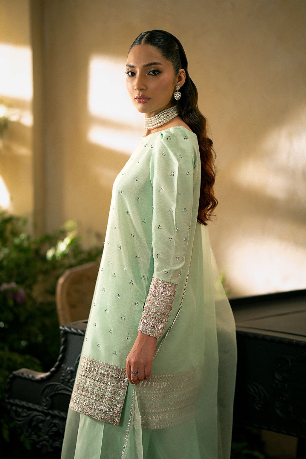 Cherry Silk & Organza Light Green Embroidered Formal Dress - Meraki Collection by Vanya | Perfect for Weddings, Prom & Evening Gala Events