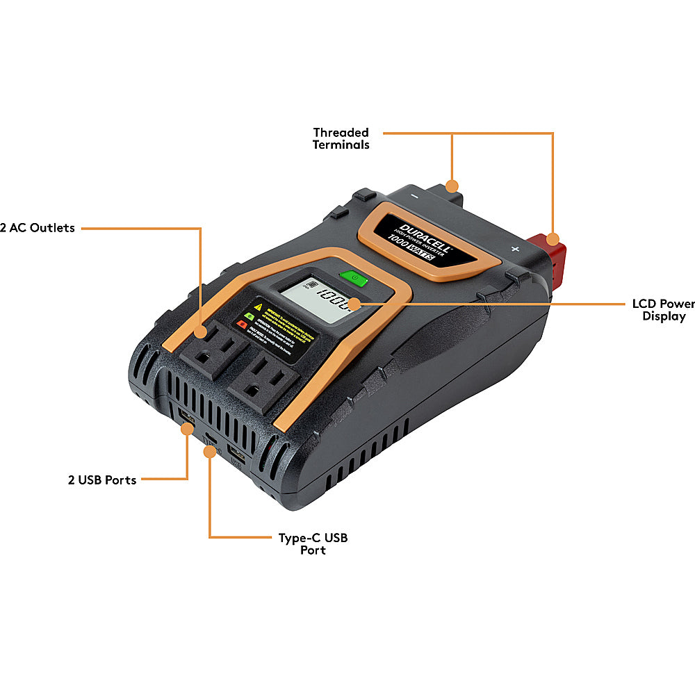 Duracell DR1000INV 1000W Pure Sine Wave Power Inverter with USB-C & AC Outlets - Portable Car Inverter for Laptops, CPAP, Appliances - Camping, Road Trips, Emergency Power Backup