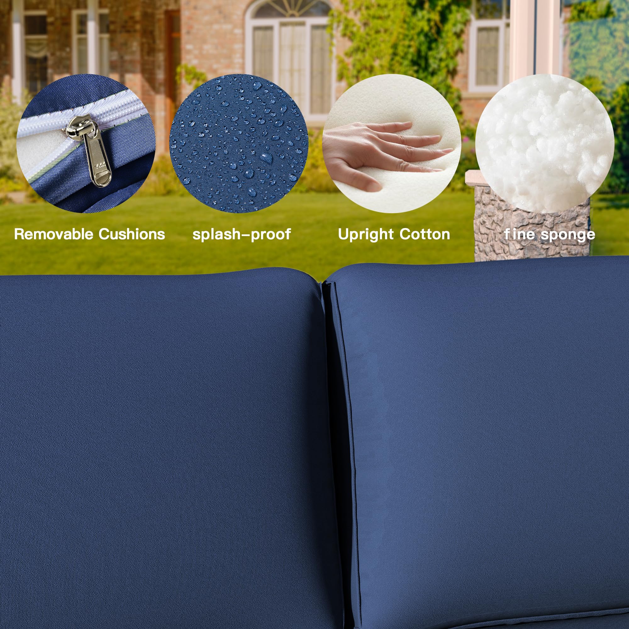 7-Piece Outdoor Patio Furniture Set with Propane Fire Pit - High Back PE Wicker Rattan Sofa Conversation Set - Sectional Patio Furniture with Tempered Glass Table & Gas Fire Pit (Navy Blue) - Perfect for Backyard, Garden, Poolside & Outdoor Entertaining