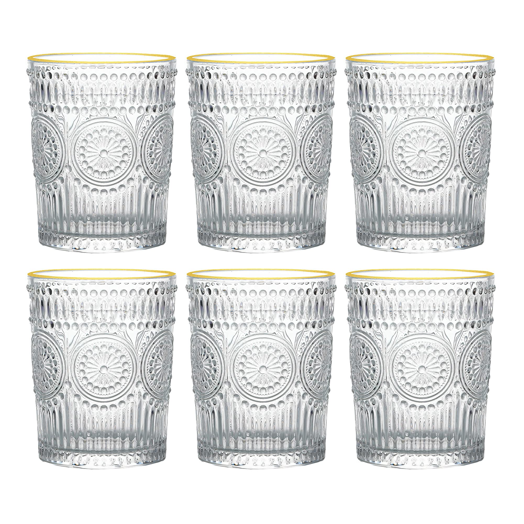 Vintage Drinking Glasses Set of 6 - 10 oz Gold Rim Retro Flower Water Glasses for Coffee, Juice, Whisky, Beer & Cocktail | Elegant Glassware Cups & Small Cute Tumblers | Perfect for Home Bar, Dinner Parties & Vintage-Themed Events