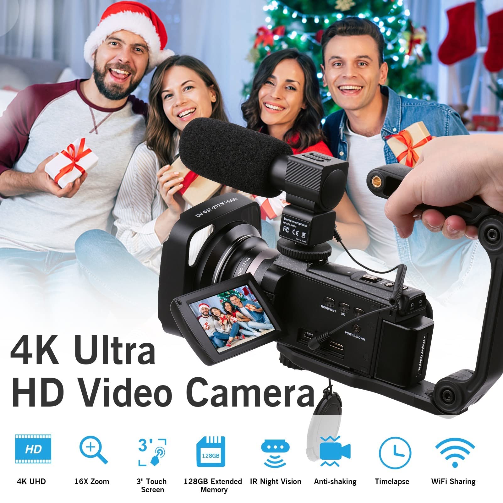 4K 60FPS Ultra HD Digital Video Camera with 48MP & 16X Zoom - WiFi Sharing, Time Lapse, Slow Motion - Perfect for Vlogging, Travel Filming, and YouTube Content Creation