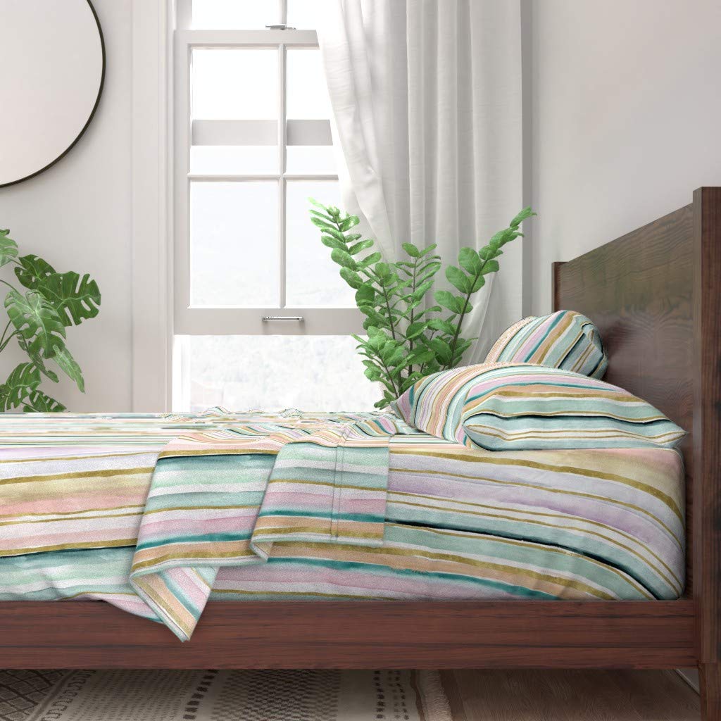 100% Cotton Twin Sheet Set 3pc - Watercolor Pastel Rainbow Stripe Midcentury Modern Abstract Print | Soft Breathable Bedding for Kids, Guest Room & Dorm Decor