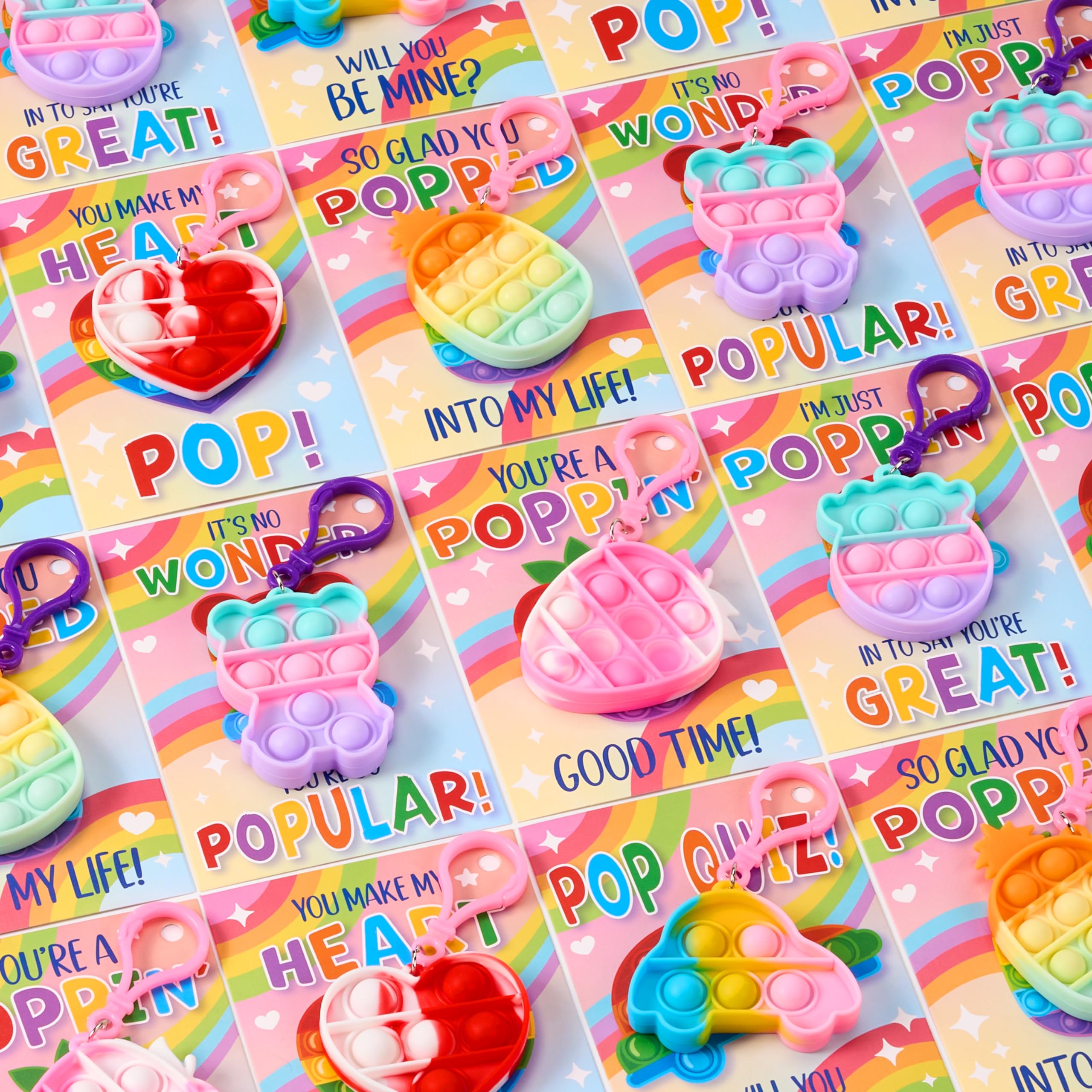JOYIN 30 Pack 6 Designs Gift Cards with Pop Bubble Keychains, Mini Colorful Pop Fidget Toys - Multi-Shape Stress Relief Sensory Toys for Kids, Party Favors, Classroom Exchange | Great for Anxiety Relief, Birthday Gifts & School Rewards