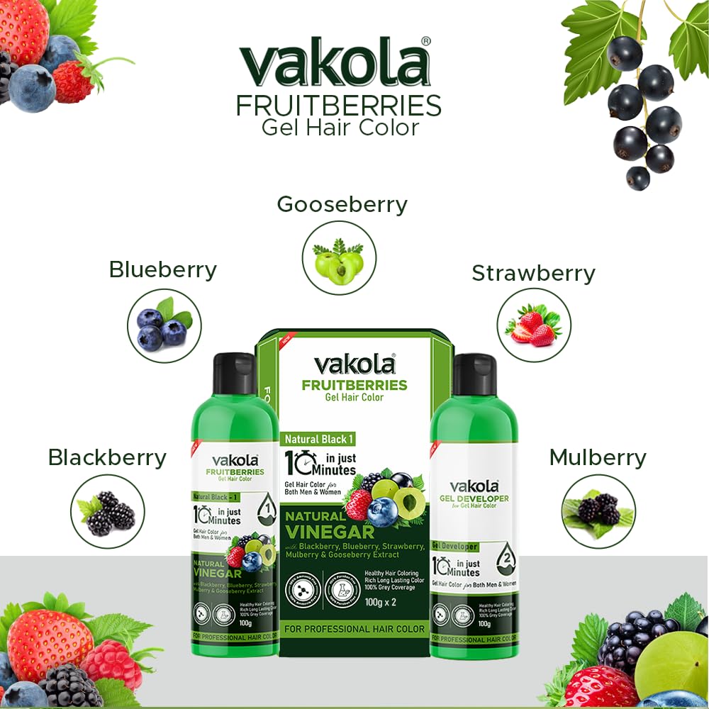 Vakola Natural Black Long Lasting Fruitberries Hair Color Gel with Vinegar Extract - Professional Hair Dye for Men & Women (100ml x 2 Pack: Black Gel + Developer) - Perfect for At-Home Hair Coloring & Salon-Quality Results