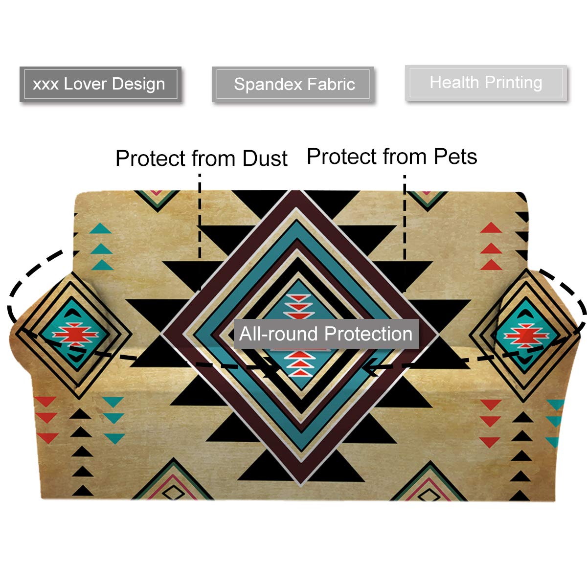 Sleepwish Southwestern Printed Stretch Sofa Slipcover - XL Size, Fits 3-Cushion Couch, Loveseat & Armchair | Includes 2 Free Pillow Covers | Durable Furniture Protector for Living Room, Family Room & Home Decor