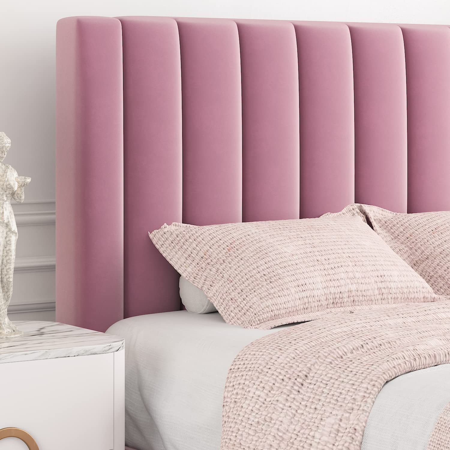 Allewie Full Size Velvet Upholstered Platform Bed Frame with Channel Tufted Headboard - Sturdy Wood Slat Support, No Box Spring Needed, Easy Assembly in Pink | Perfect for Modern Bedrooms, Guest Rooms & Small Spaces