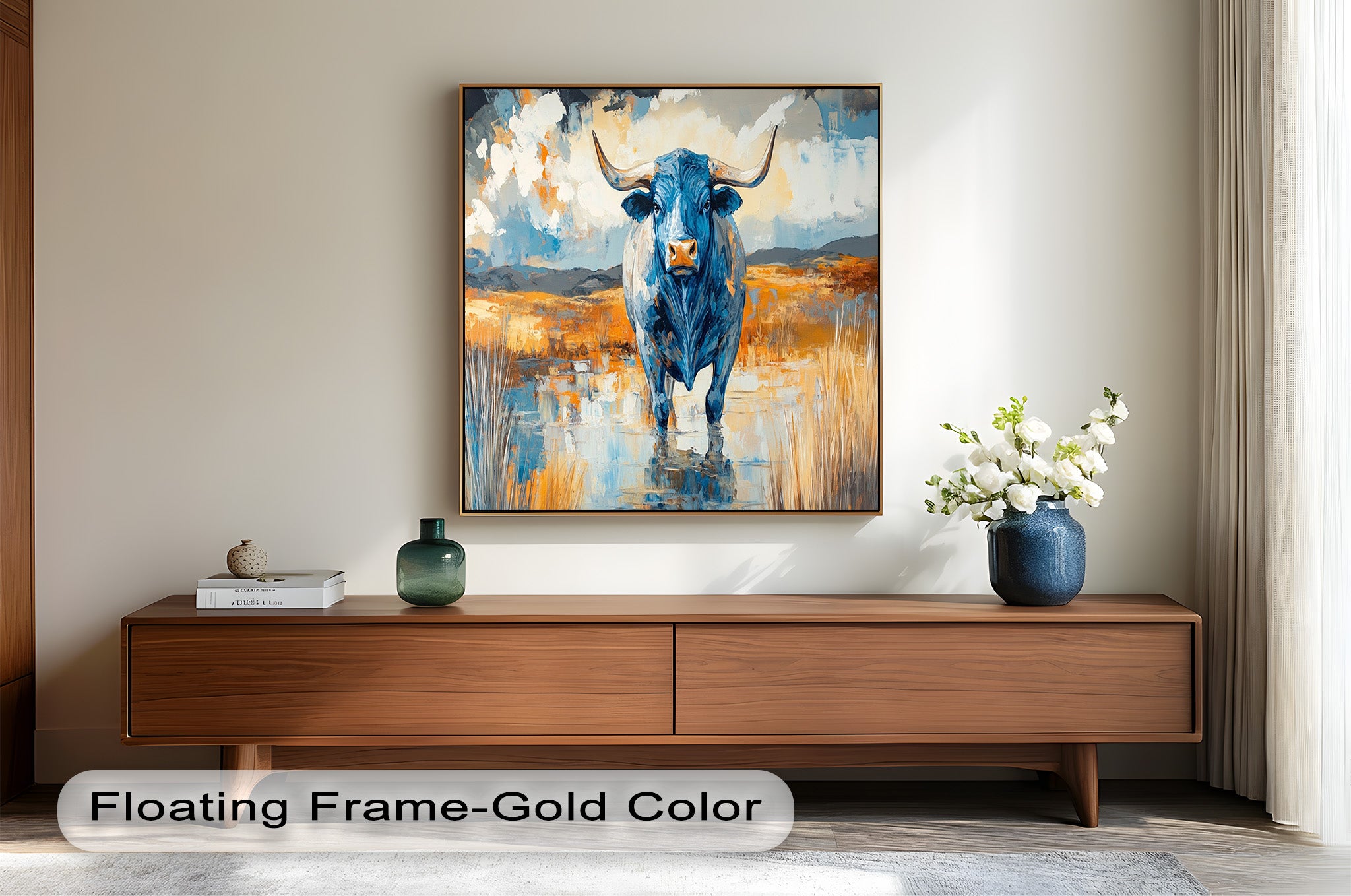 Blue Desert Bull - Hand Painted Animal Oil Canvas Artwork | Western Wildlife Decor for Living Room, Bedroom & Office