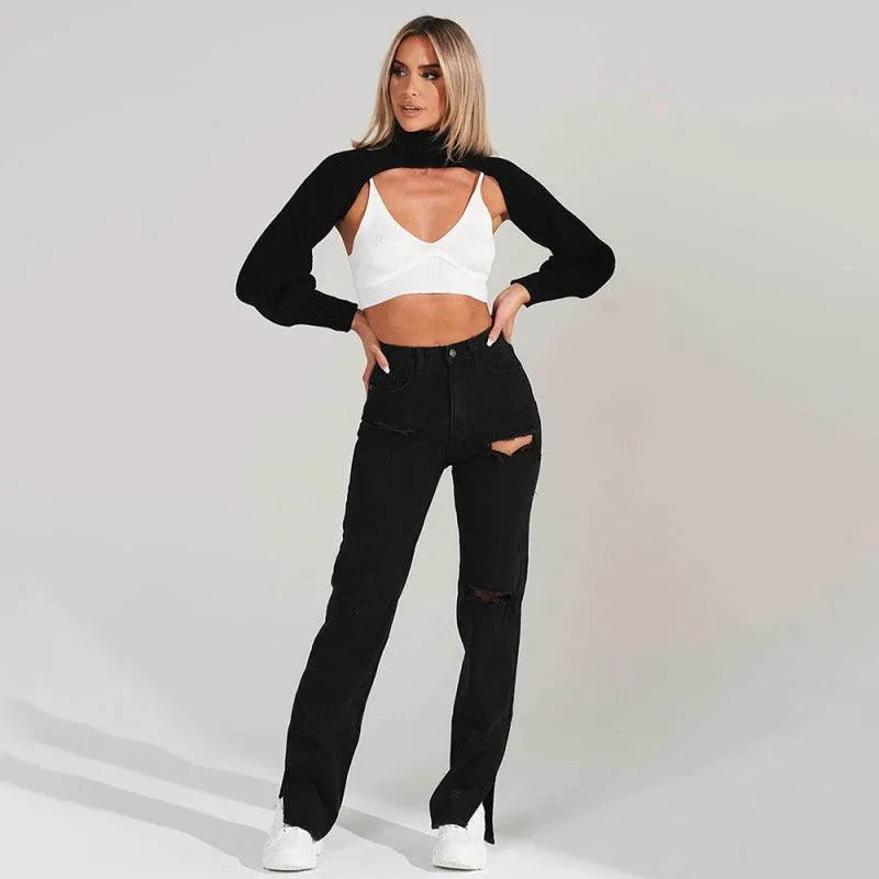 Women's Straight Ripped Jeans with Ankle Slits - Trendy Distressed Denim Pants for Casual Outfits & Streetwear Fashion