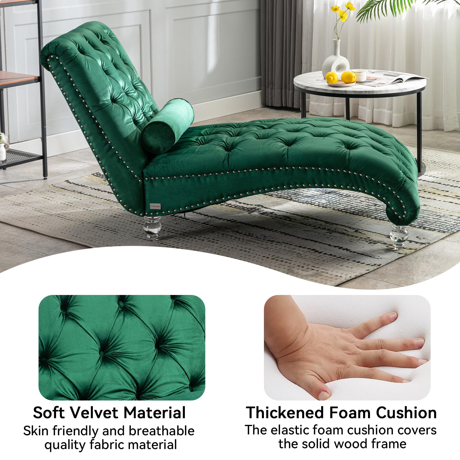 Tufted Velvet Chaise Lounge Chair - Upholstered Living Room & Bedroom Accent Chair with Waist Pillow & Acrylic Feet, Curved Cushion Fabric Sofa (Emerald Green) - Perfect for Reading Nooks, Home Theaters & Cozy Spaces