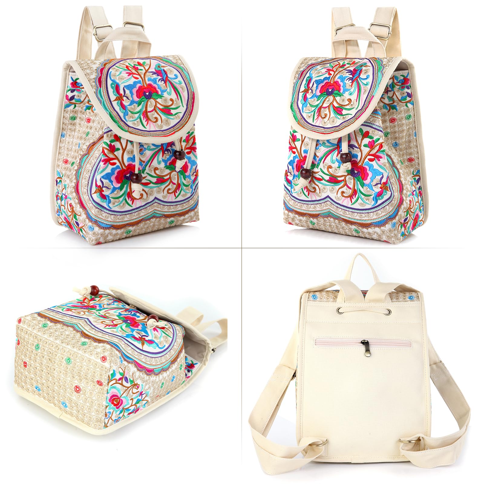 Vintage Embroidered Women's Backpack - Boho Ethnic Travel Handbag & Shoulder Bag in Beige | Perfect for Travel, Hiking, and Everyday Use