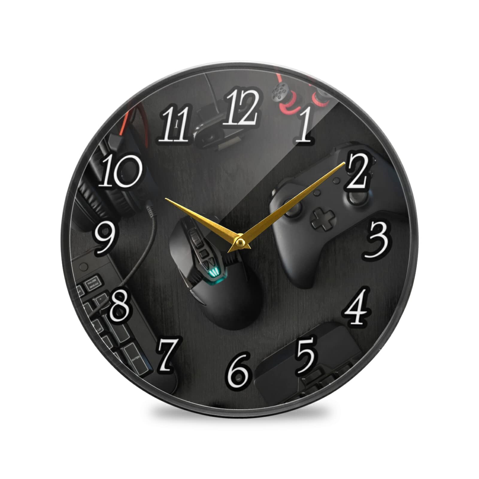 Gamer Wall Clock - Silent Non-Ticking 9.5 Inch Acrylic Round Clock with Mouse, Keyboard, Joystick & Headset Design - Perfect for Gaming Room, Home Office, Living Room or Dorm Decor