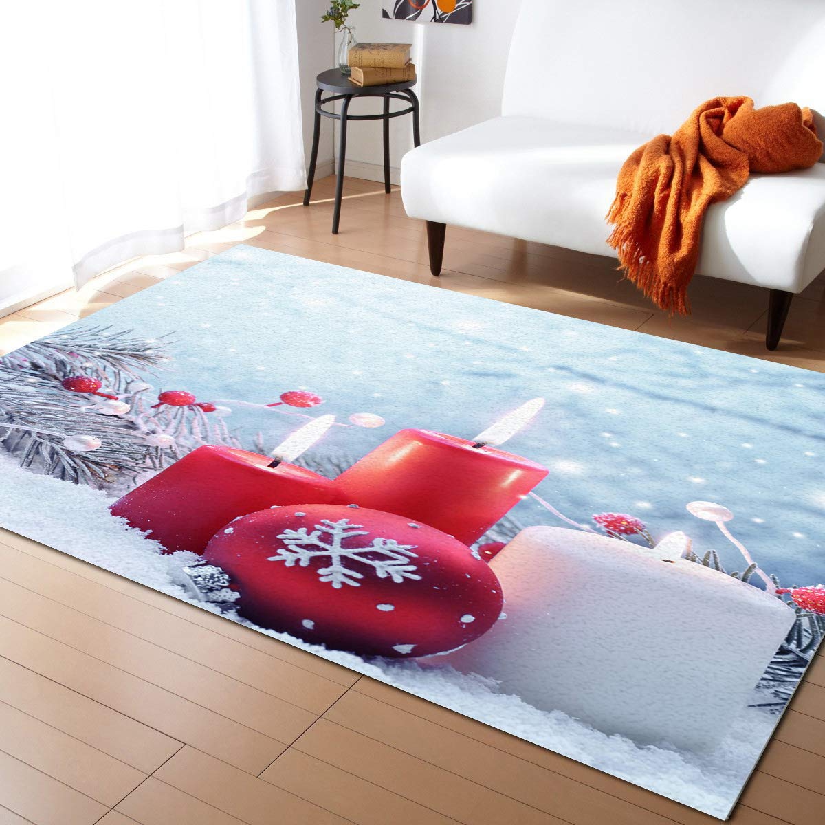 Non-Slip Modern Area Rugs for Living Room - Contemporary Winter Snowflake Design Floor Carpet with Christmas Tree & Candle Motif - Soft Anti-Fatigue Comfort Standing Mat & Play Mat - Perfect for Home Decor, Holiday Season & Kids Play Area