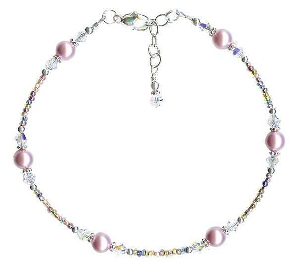Elegant Rose Mauve Sunset Crystal Pearl Anklet - Dainty Adjustable Ankle Bracelet for Women, Perfect for Beach Weddings, Summer Outfits & Boho Fashion