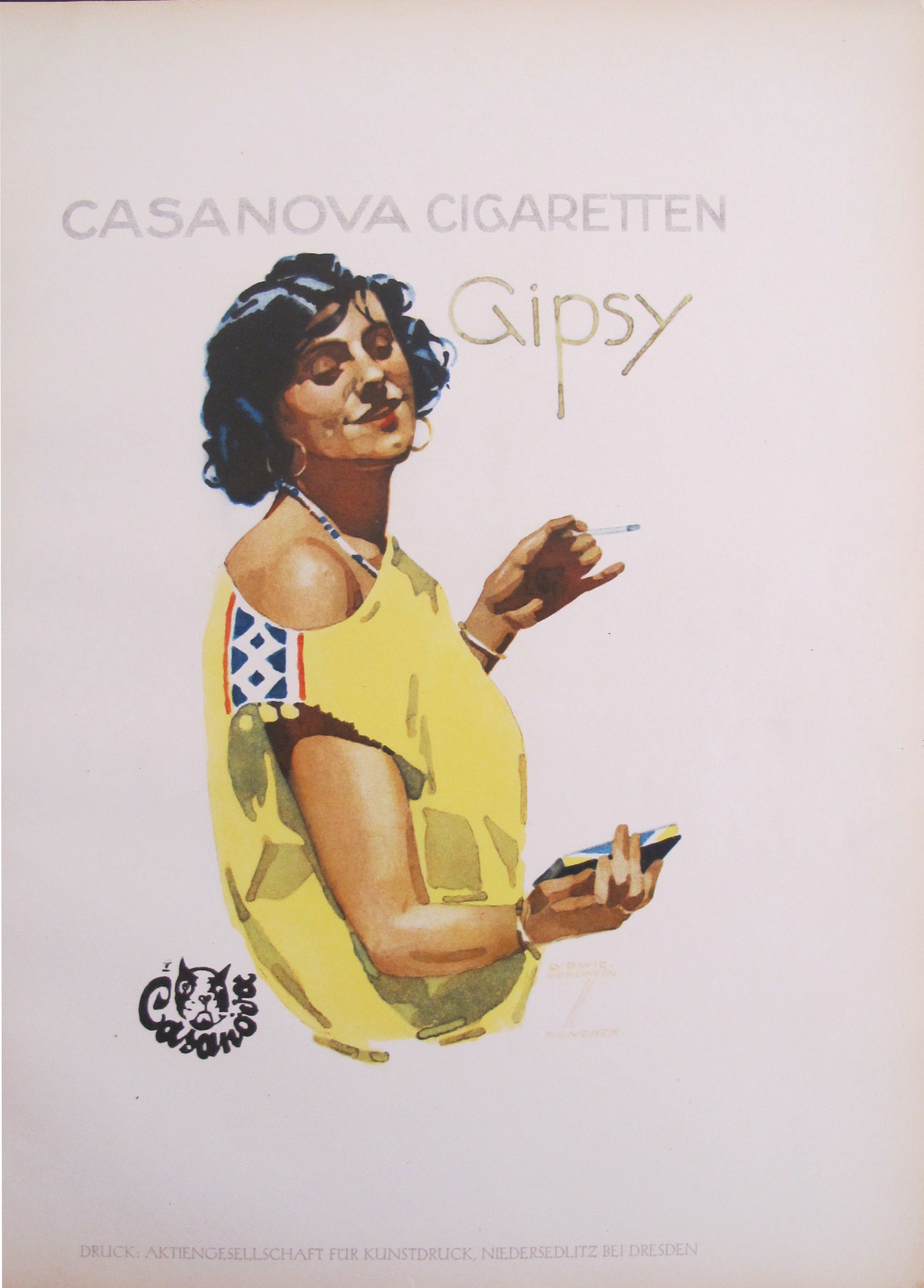 1926 Original German Art Deco Poster - Casanova Cigaretten Gipsy (Woman in Yellow Dress) - Vintage Collectible Wall Art for Home & Office Decor