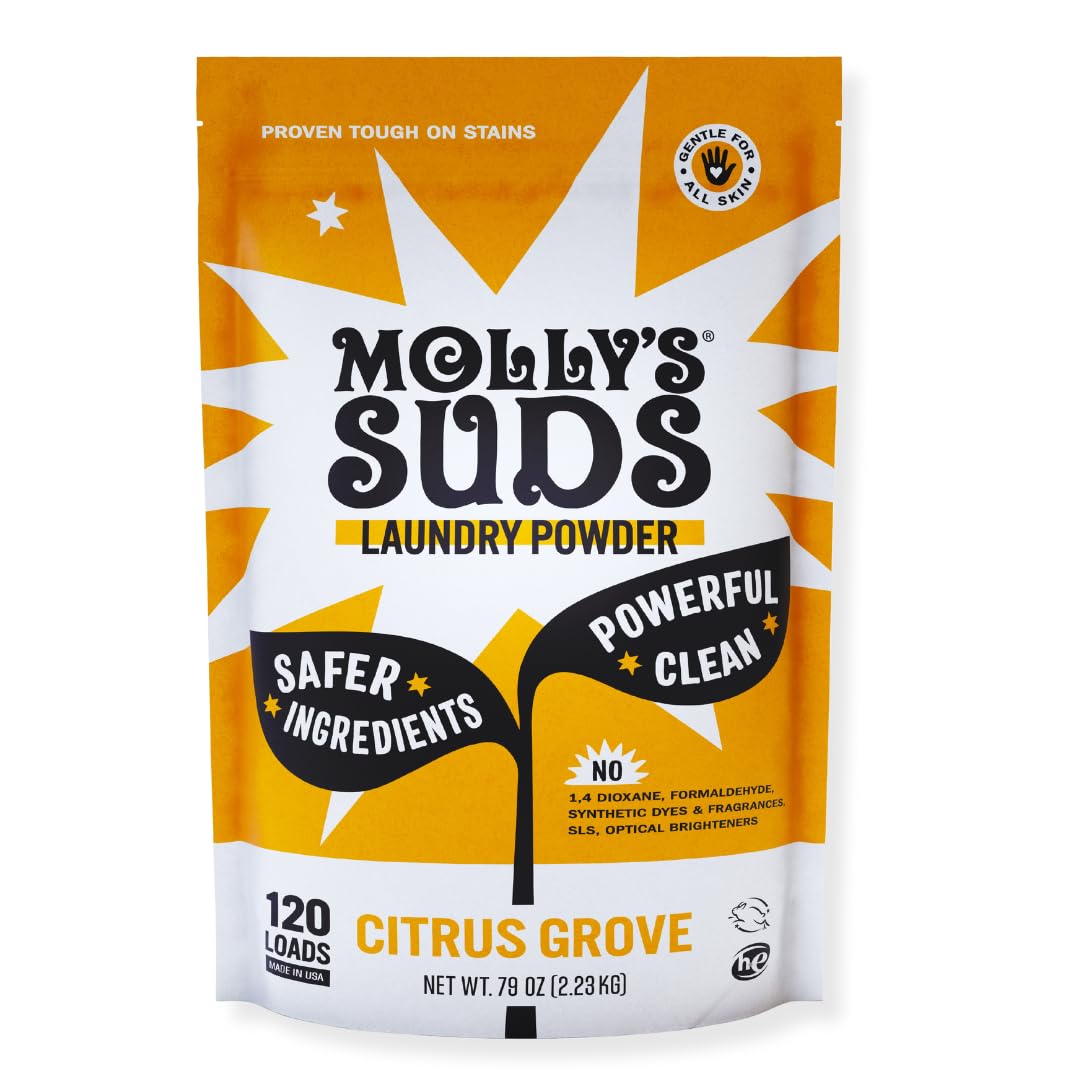 Molly's Suds Original Laundry Detergent Powder for Sensitive Skin - Hypoallergenic, Eco-Friendly Stain Remover with Natural Ingredients | 120 Loads (Citrus Grove Scent) | Perfect for Baby Clothes, Allergies & Eco-Conscious Families