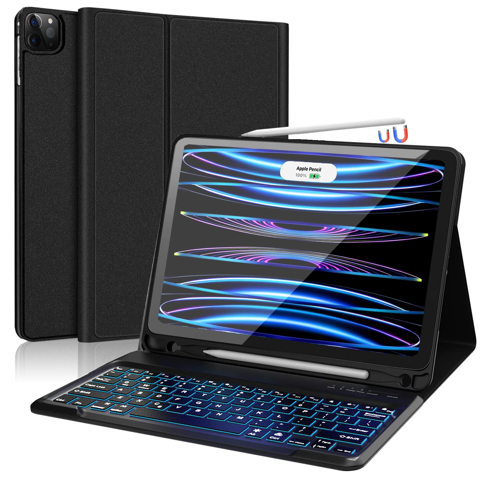 D DINGRICH iPad Pro 12.9 Case with Backlit Keyboard for 6th Gen (2022) & 5th Gen (2021) - Magnetic Detachable Keyboard, Apple Pencil Holder, Auto Sleep/Wake - Perfect for Work, Study & Travel - Black