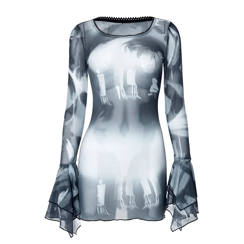 Abstract Printed Mesh Dress - Transparent Flared Long Sleeve Y2K Streetwear for Women | Clubwear, Festival Outfit, Night Out Fashion
