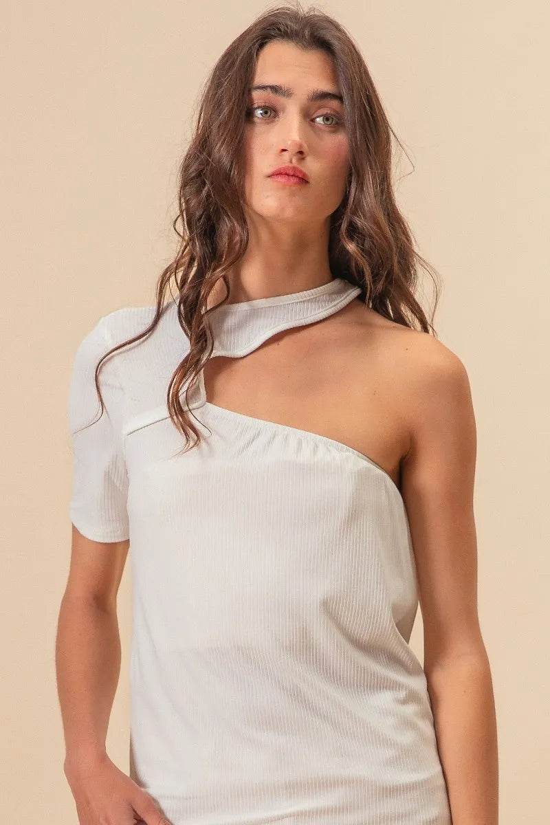 BiBi Soft Rib Knit Cut Out One Shoulder Top - Women's Fashion Stretch Knit Blouse for Casual Wear, Night Out, and Party Outfits