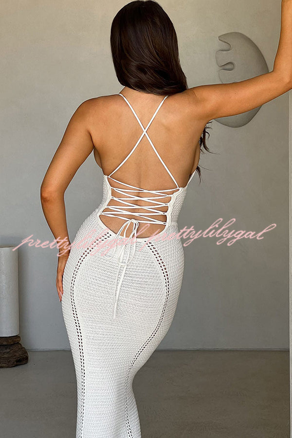 Elegant Knit Crochet Hollow Out Back Lace Up Stretch Maxi Dress for Women - Summer Beach Vacation & Boho Chic Outfit