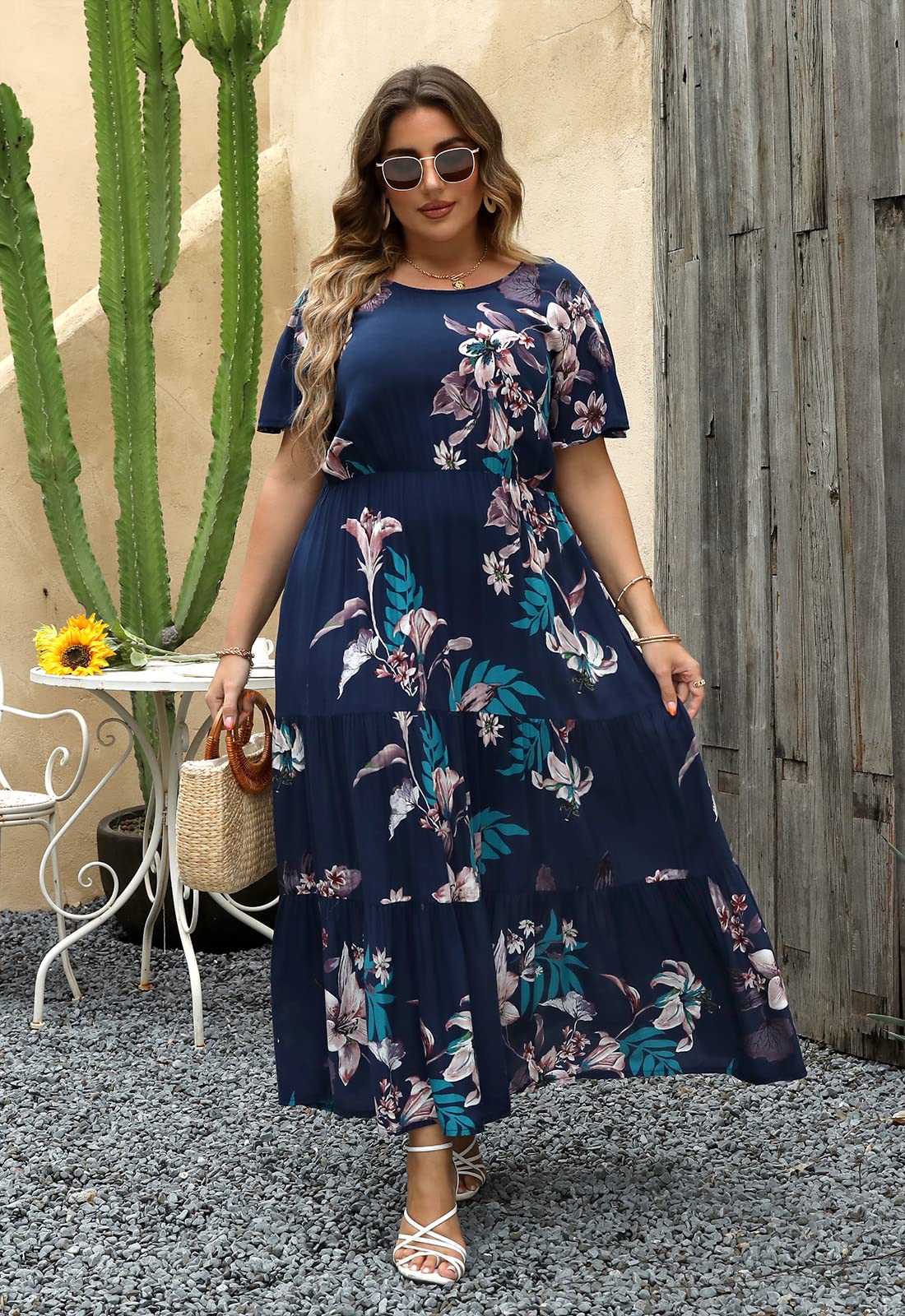 Nemidor Women's Plus Size Boho Floral Print Casual Layered Flared Maxi Dress with Pockets - Perfect for Beach Vacations, Summer Parties & Boho Fashion Outfits