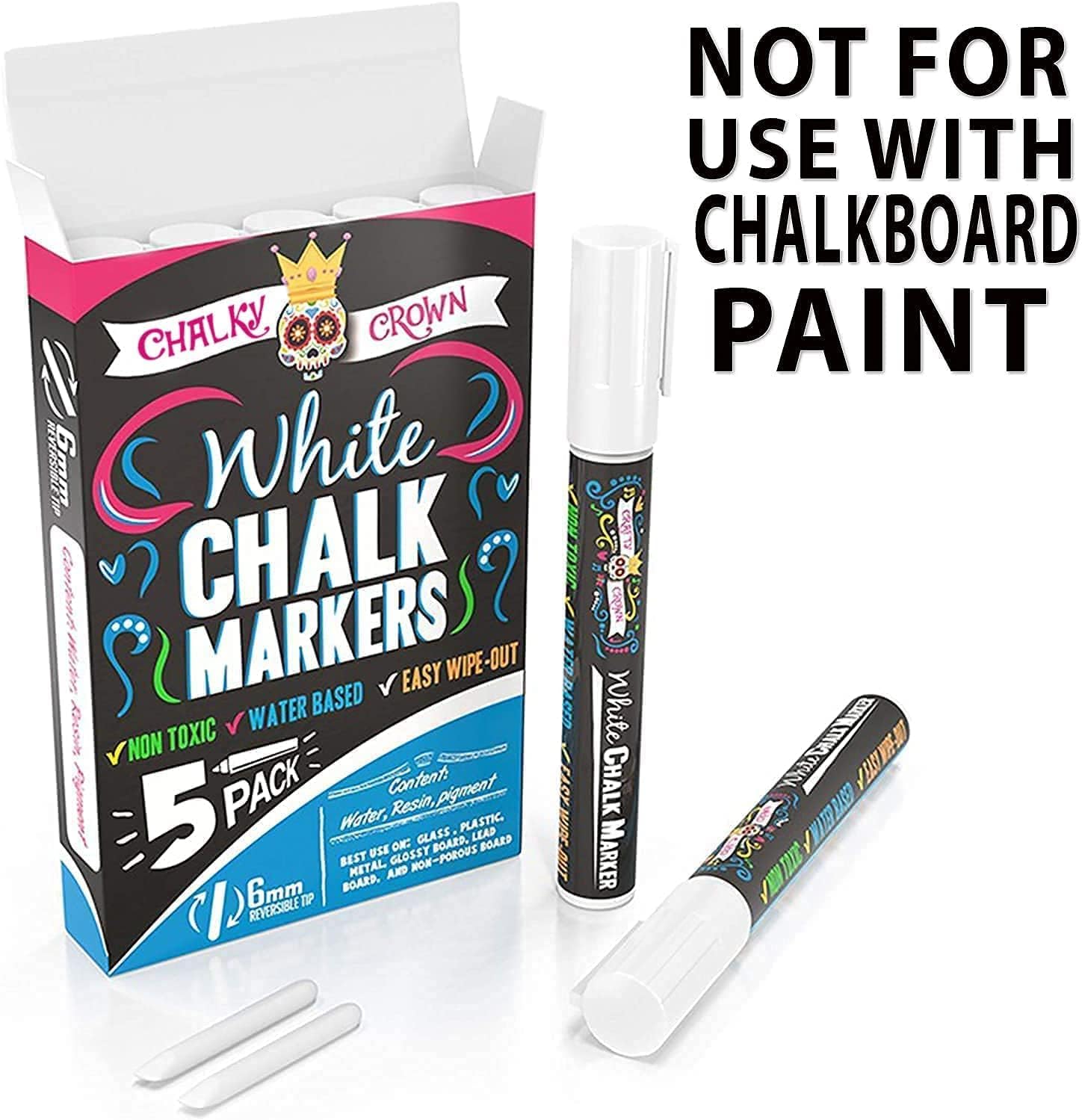 CHALKY CROWN Liquid Chalk Markers - 6mm Reversible Tip White Chalk Pens for Chalkboard, Blackboard, Glass, Windows - Perfect for Signs, Menus, Labels & DIY Projects (5 Pack)