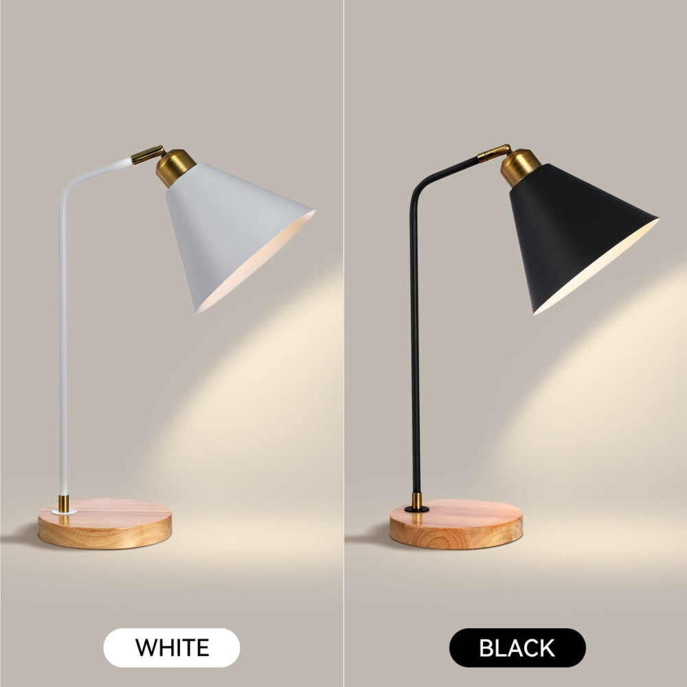 Scandinavian Cone Shade Wooden Base Table Lamp - Modern White Desk Lamp for Living Room, Bedroom & Office Decor