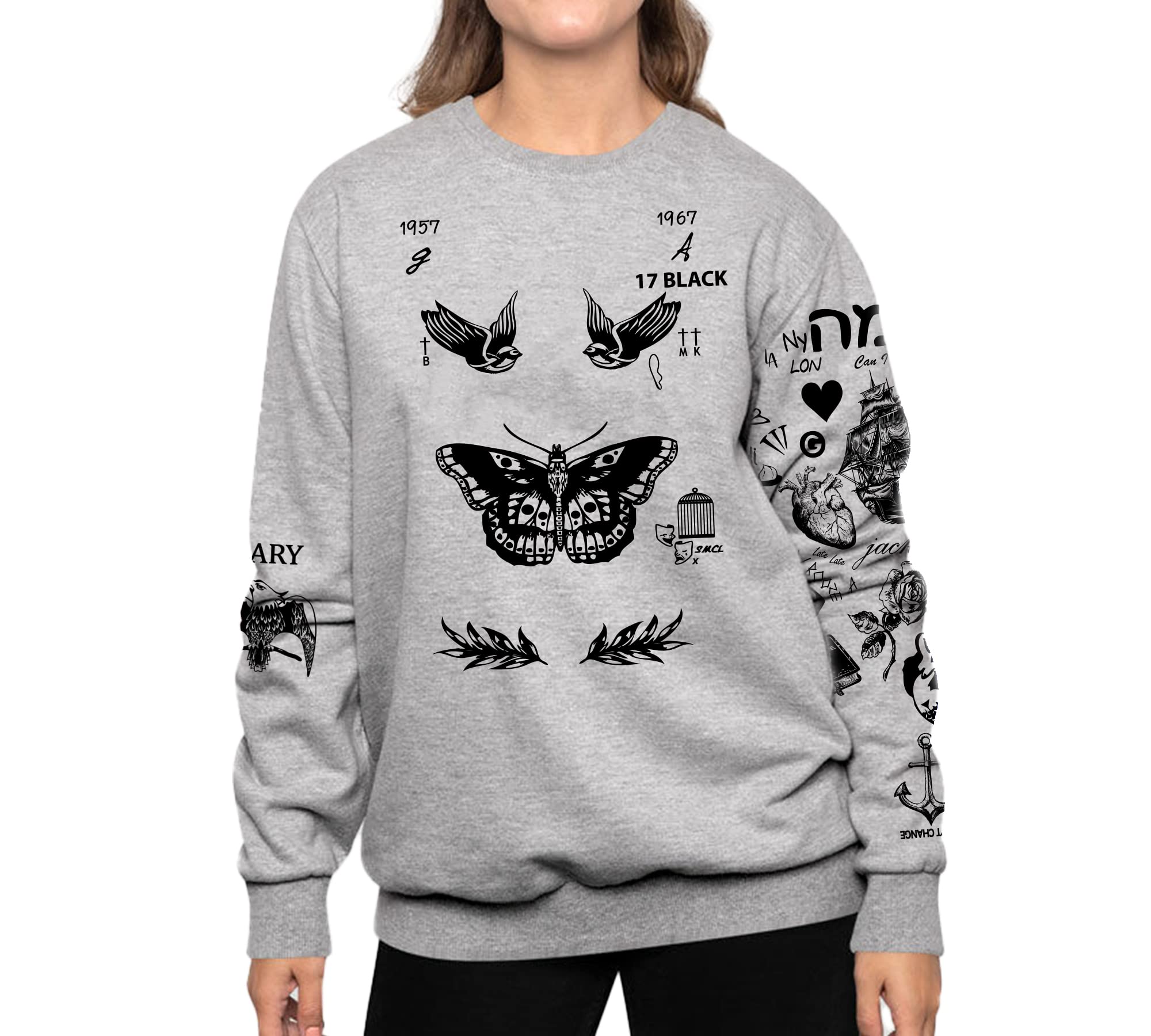 Women's Butterfly Tattoo Print Sweatshirt - Soft Grey Pullover for Casual Wear, Street Style & Layering Outfits