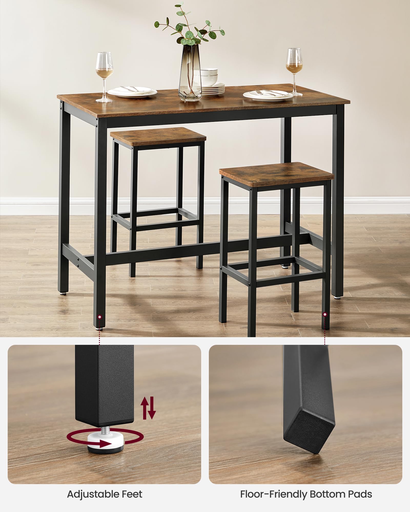 VASAGLE Industrial Bar Table Set with 2 Bar Stools - Rustic Brown and Black Kitchen Counter Height Dining Set for Living Room, Party Room, and Home Bar Decor ULBT15X