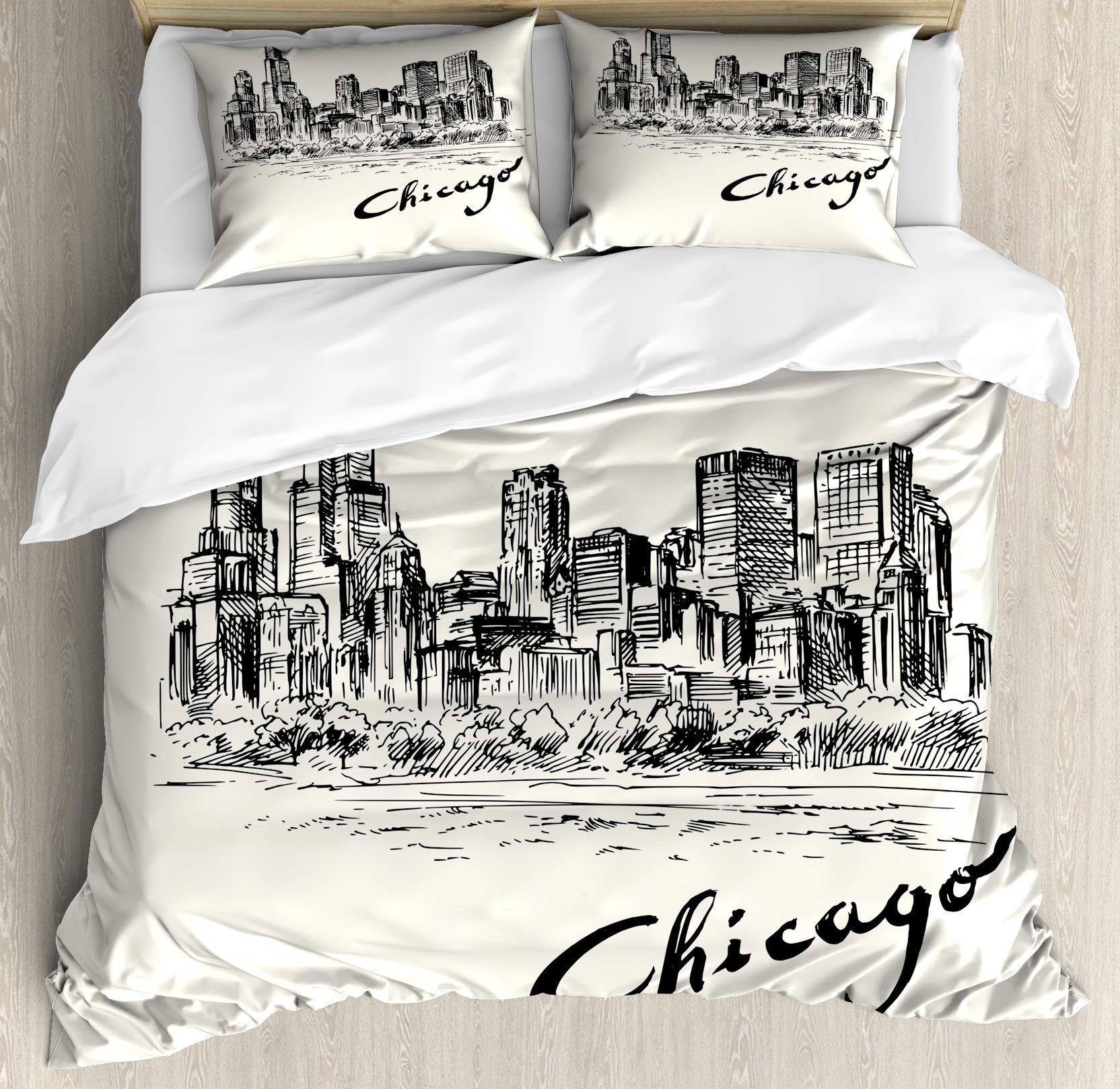 Ambesonne Chicago Skyline Duvet Cover Set - Vintage Hand-Drawn American City Artwork with Sketchy Effects, 3-Piece Queen Size Bedding Set (Duvet Cover + 2 Pillow Shams) in Black & Cream | Perfect for Urban Decor, Guest Rooms & Modern Bedroom Design