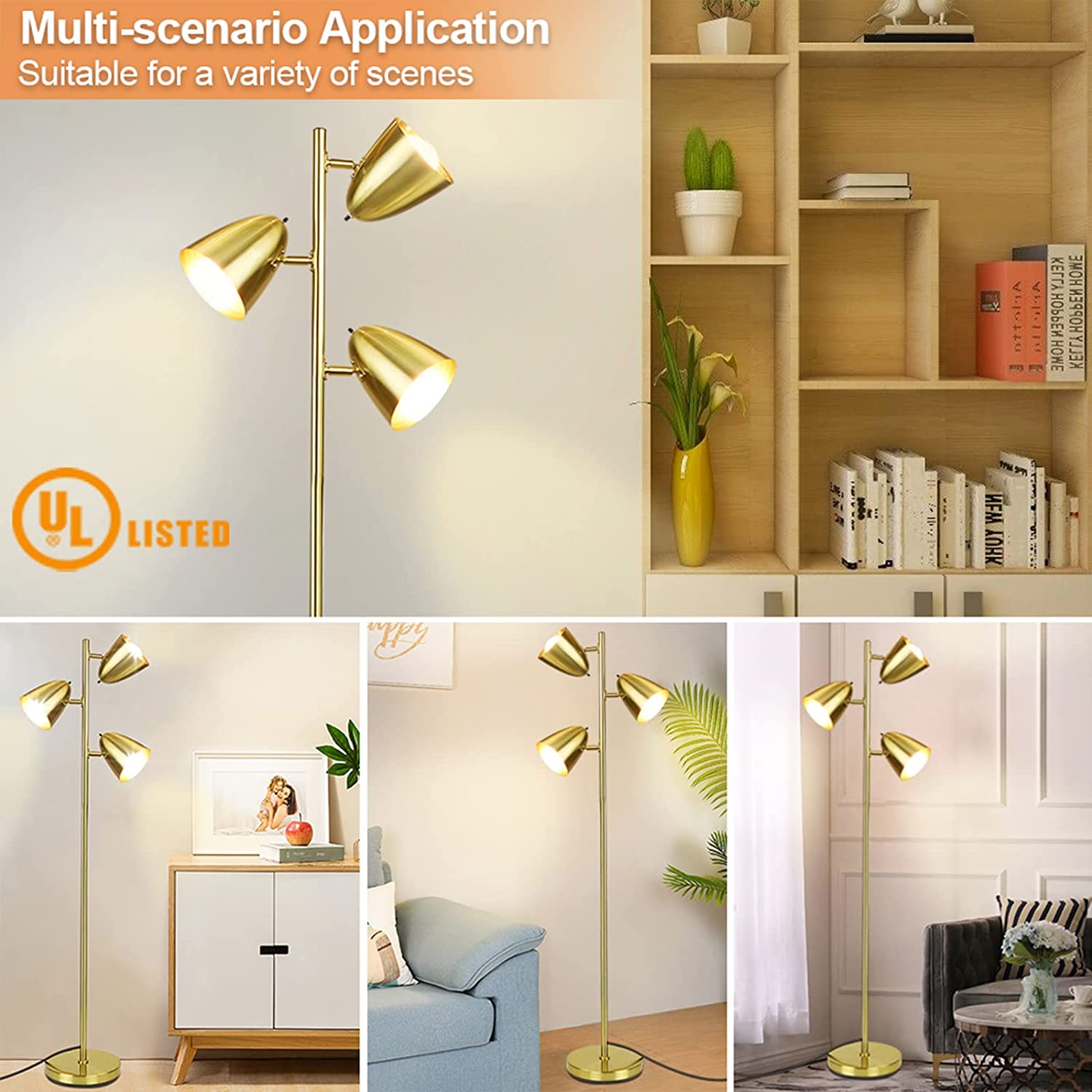 Modern Standing Lamp - Adjustable LED Floor Light for Living Room, Bedroom, Office & Study | 3-Light Tall Tree Design with Gold Finish | Includes 3 x 9W LED Bulbs | Perfect for Reading, Ambient Lighting & Home Decor