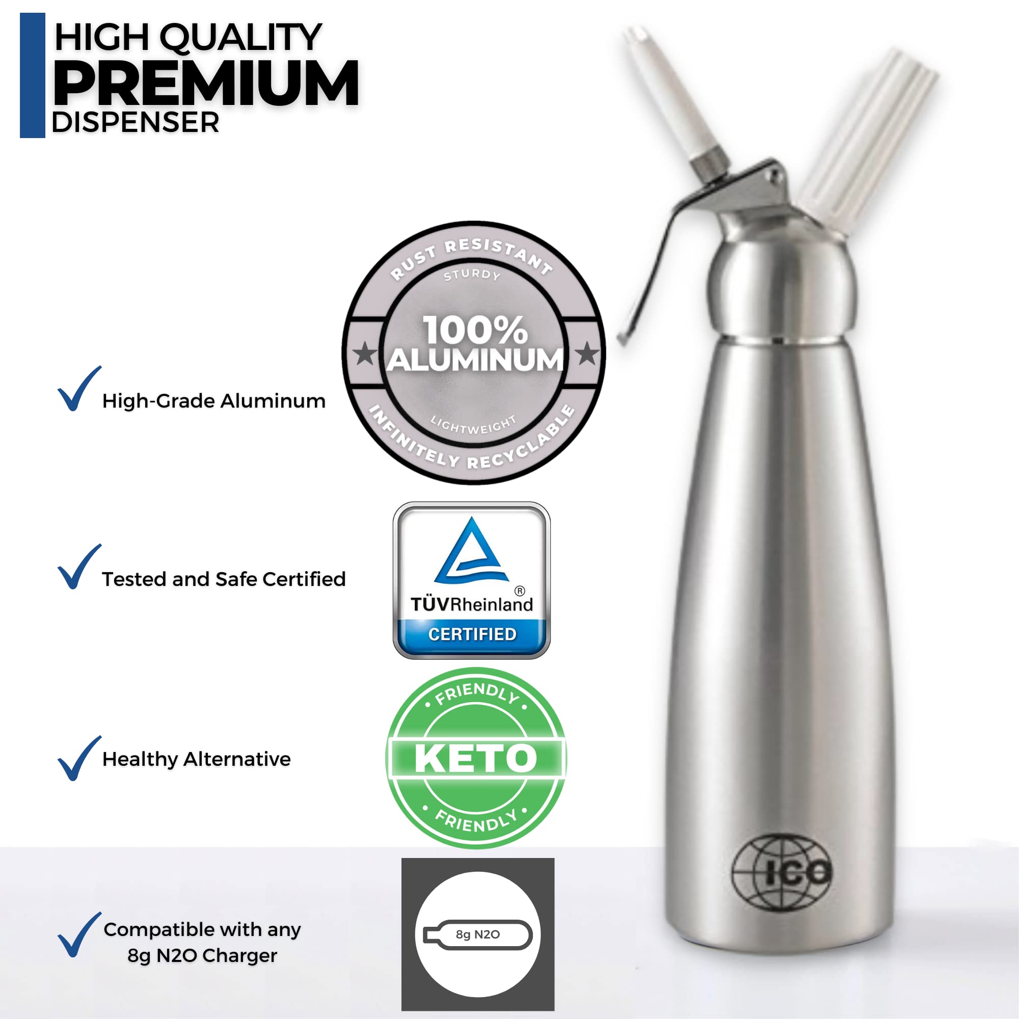 Premium 1-Quart Aluminum Whipped Cream Dispenser - Professional Dessert Tool for Homemade Whipped Cream, Cake Topping, Coffee Foam, Cocktails & Sauces - Silver Commercial-Grade Cream Charger for Bakeries, Cafes & Home Kitchens