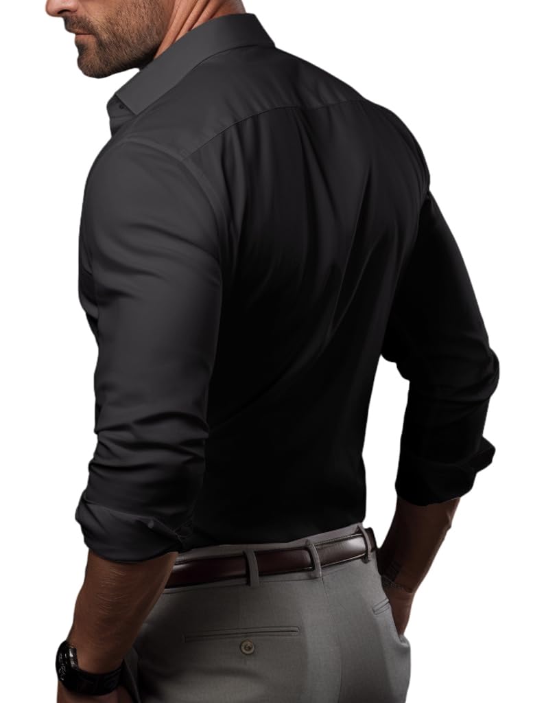 Men's Slim Fit Stretch Muscle Dress Shirt - Long Sleeve Solid Business Casual Button Down Shirt for Athletic Build | Perfect for Office Wear, Formal Events & Professional Meetings