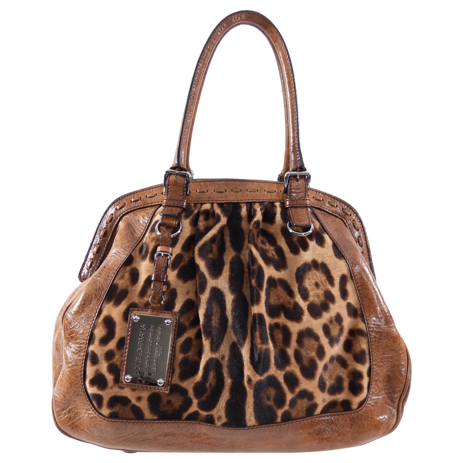 Dolce & Gabbana Brown Leather Leopard Print Bowler Handbag for Women | Fashionable Designer Purse for Work, Travel & Evening Out