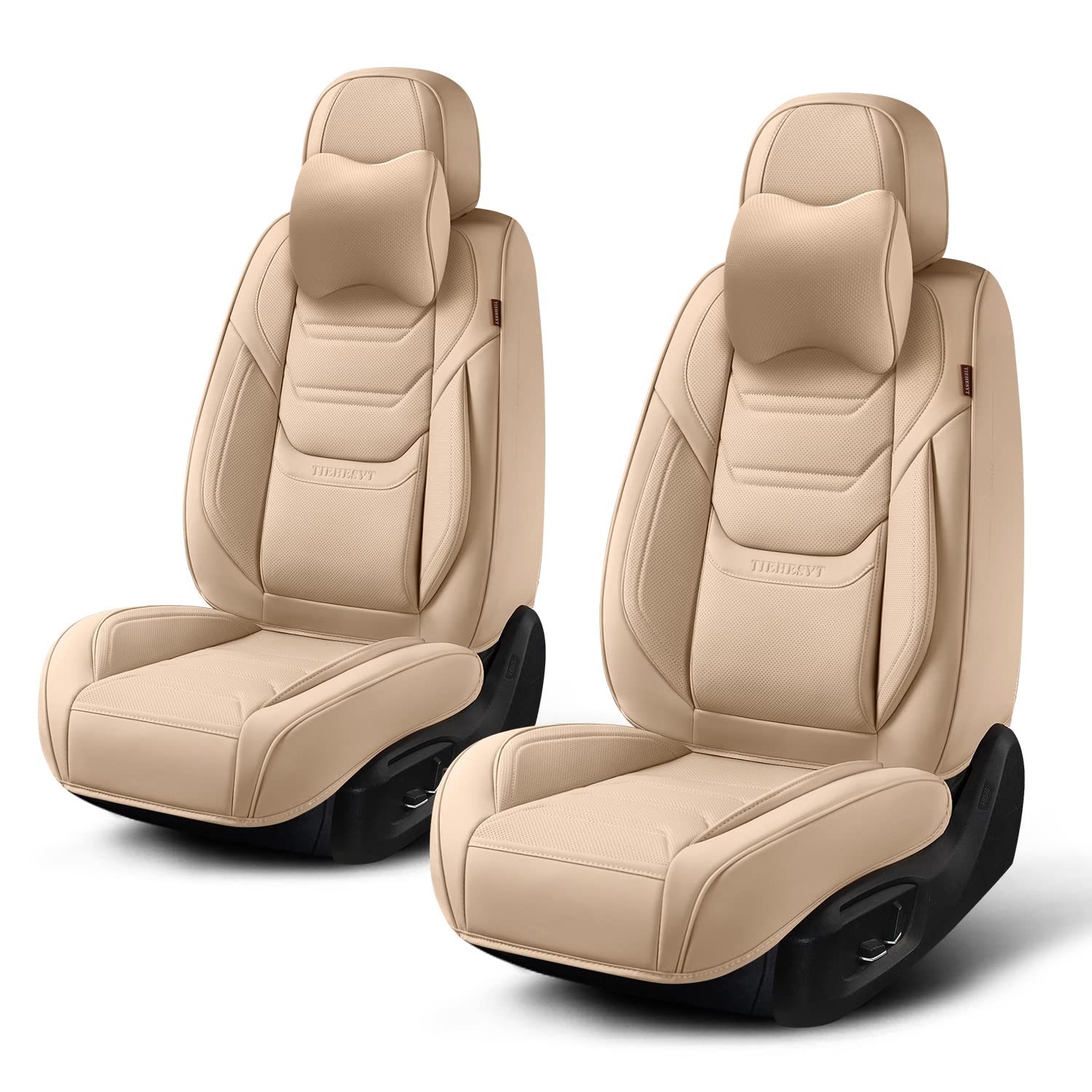 Beige Car Seat Covers Front Pair - Breathable Leather Auto Seat Protectors with Headrest | Universal Fit for Sedans, SUVs & Pickup Trucks | Perfect for Daily Commute, Road Trips & Family Travel